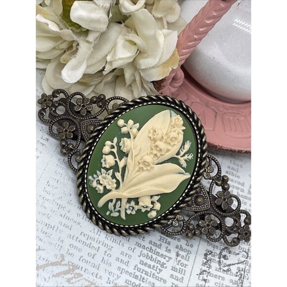 Lily Valley Green Victorian Flower Cameo Wedding Pin Hair Clip Jewelry Comb - Picture 2 of 10